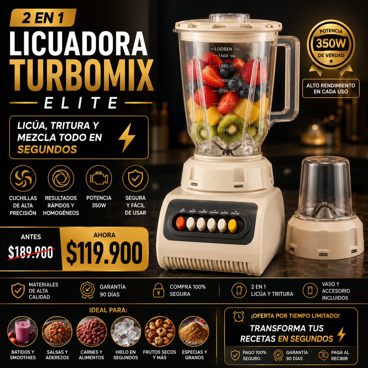 Licuadora TurboMix 2 en 1 Elite - Licúa, Tritura y Mezcla TODO en Segundos ⚡