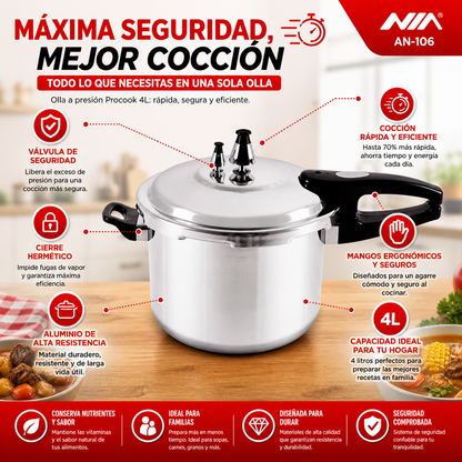 Olla Presión ProCook 4L- Prepara sopas, carnes y granos en minutos con máxima seguridad y sabor