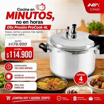 Olla Presión ProCook 4L- Prepara sopas, carnes y granos en minutos con máxima seguridad y sabor