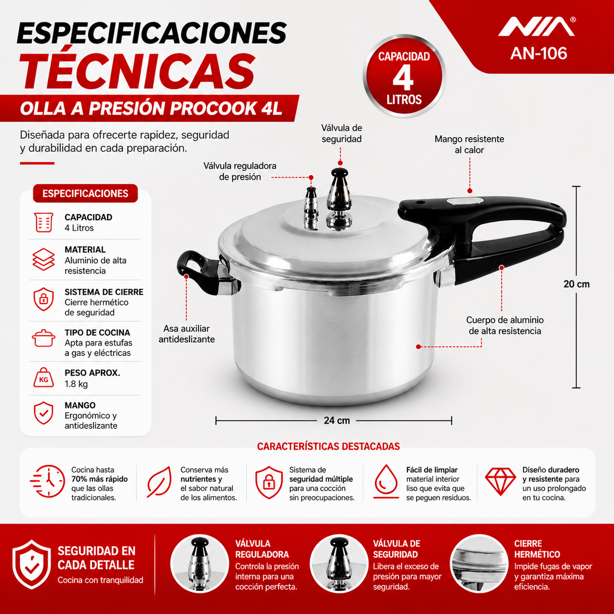 Olla Presión ProCook 4L- Prepara sopas, carnes y granos en minutos con máxima seguridad y sabor