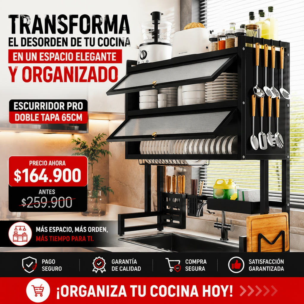 Transforma el desorden de tu cocina en un espacio elegante y organizado- Escurridor Pro Doble Tapa 65CM