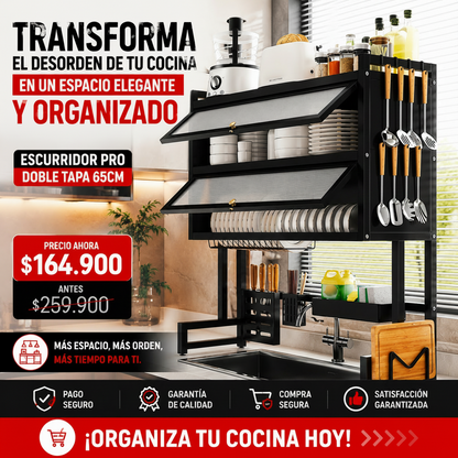Transforma el desorden de tu cocina en un espacio elegante y organizado- Escurridor Pro Doble Tapa 65CM