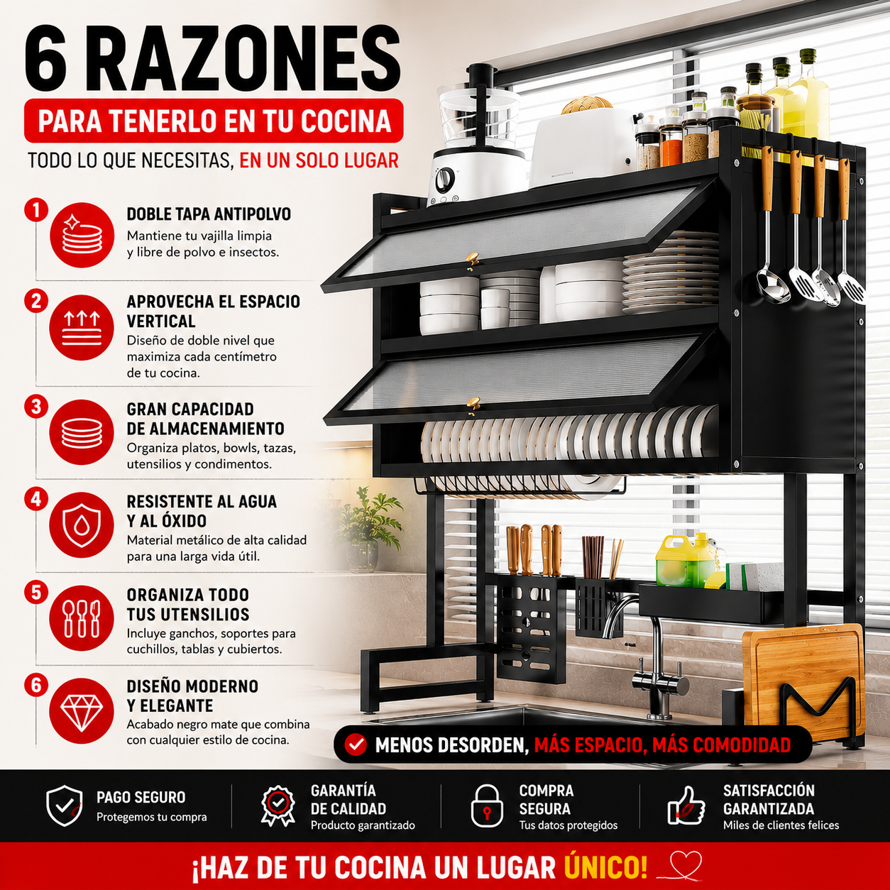 Transforma el desorden de tu cocina en un espacio elegante y organizado- Escurridor Pro Doble Tapa 65CM